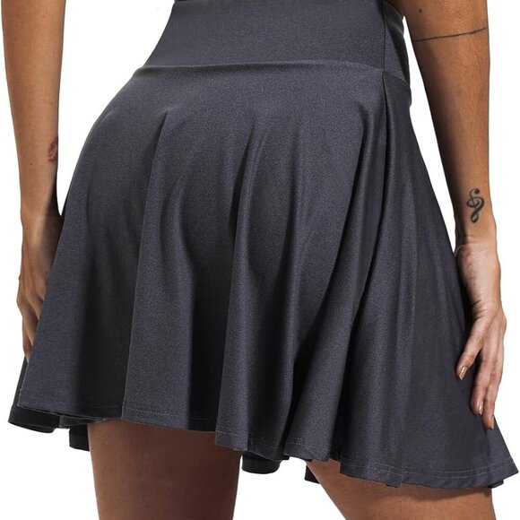 Grey High-Waisted Women's Tennis Skirt with Built-In Shorts and Drawstring Closu - Picture 1 of 6